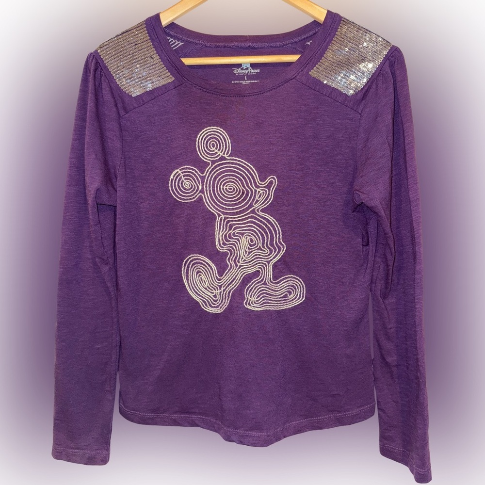 Disney Parks Mickey Mouse Sequin Long Sleeve Tee Purple Size L Cotton Beaded